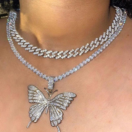 Double Layer Cuban Necklace Full Of Diamonds With Large Butterflies