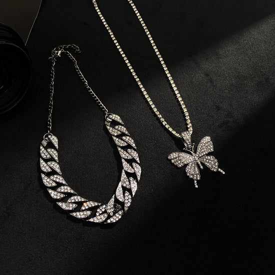 Double Layer Cuban Necklace Full Of Diamonds With Large Butterflies